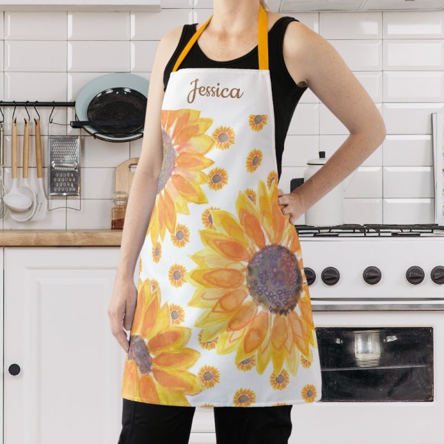 Rustic Yellow Sunflower Name Monogram Apron (Creator Uploaded)