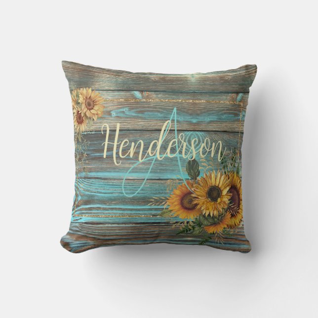 Rustic Yellow Sunflower Name  Throw Pillow (Front)