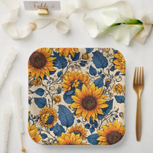 Rustic Yellow Sunflower Navy Blue Vintage Floral Paper Plates