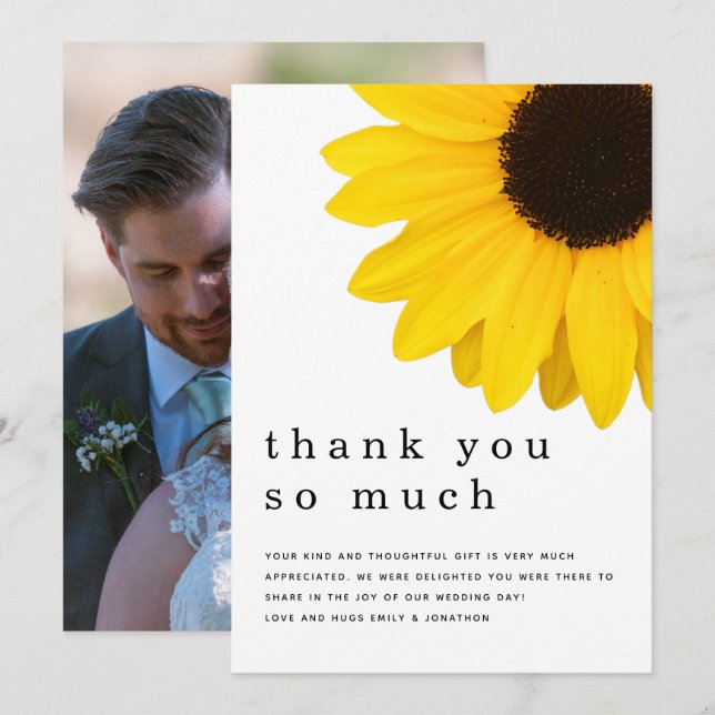 Rustic Yellow Sunflower Newlywed Photo Thank You (Front/Back)