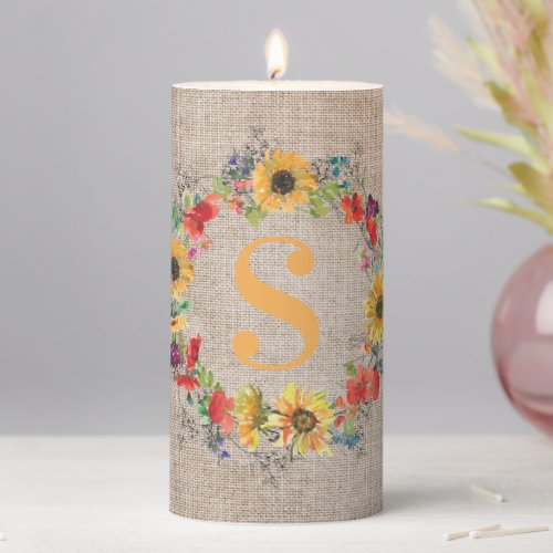 Rustic Yellow Sunflower Red Floral Wreath Monogram Pillar Candle