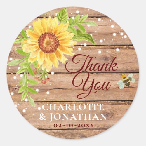 Rustic Yellow Sunflower Thank You Classic Round Sticker