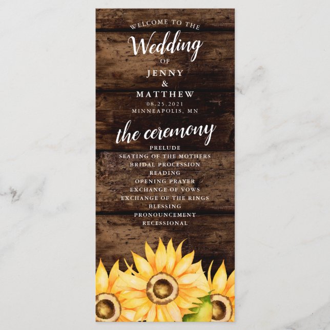 Rustic Yellow Sunflower Theme Wedding Program (Front)