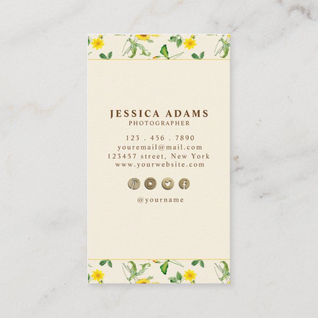 Rustic Yellow Sunflower Watercolor Business Card  (Back)