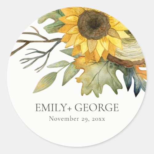 RUSTIC YELLOW SUNFLOWER WATERCOLOR FLORAL WEDDING CLASSIC ROUND STICKER