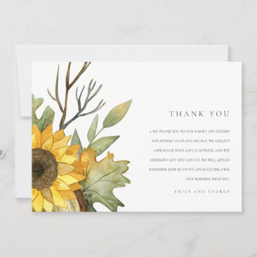 RUSTIC YELLOW SUNFLOWER WATERCOLOR FLORAL WEDDING THANK YOU CARD