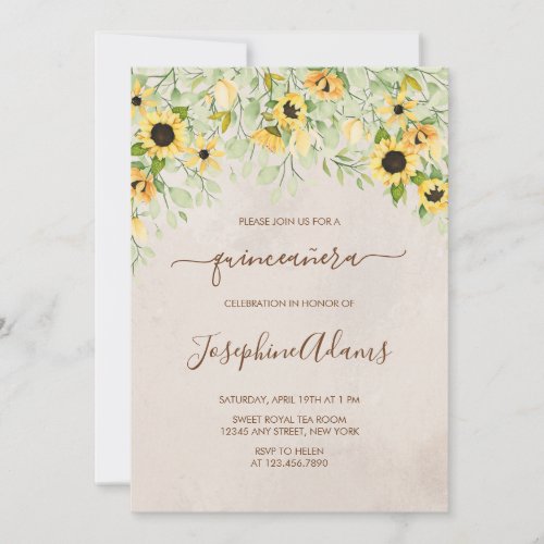 Rustic Yellow Sunflower Watercolor Quinceanera Invitation