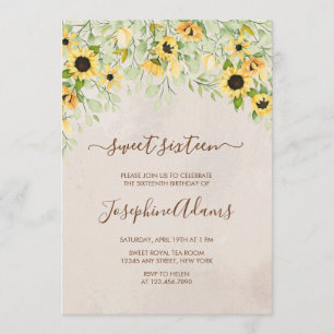 Rustic Yellow Sunflower Watercolor Sweet Sixteen Invitation