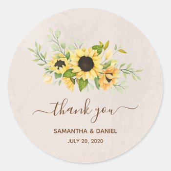 Rustic Yellow Sunflower Watercolor Thank You Classic Round Sticker by melanileestyle at Zazzle