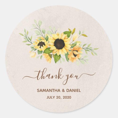 Rustic Yellow Sunflower Watercolor Thank You Classic Round Sticker