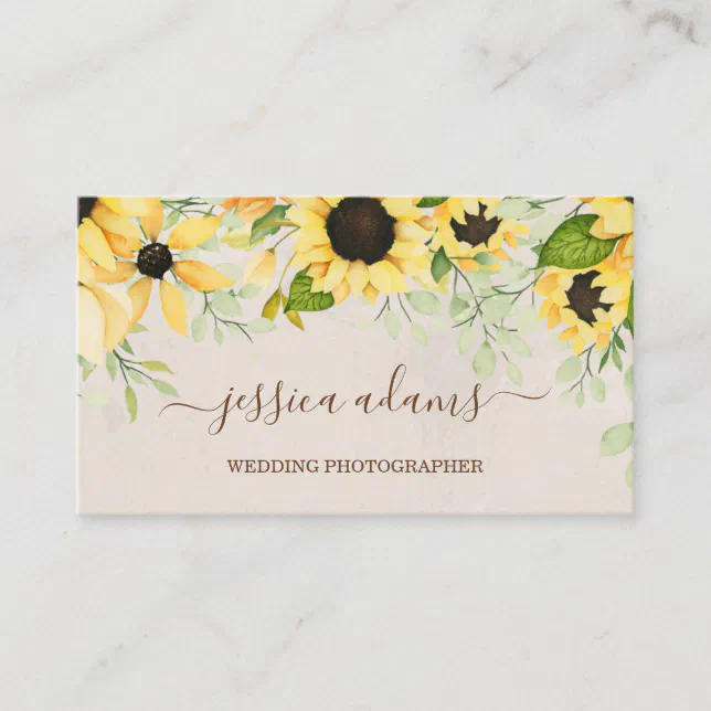 Rustic Yellow Sunflower Watercolor Wedding Business Card | Zazzle