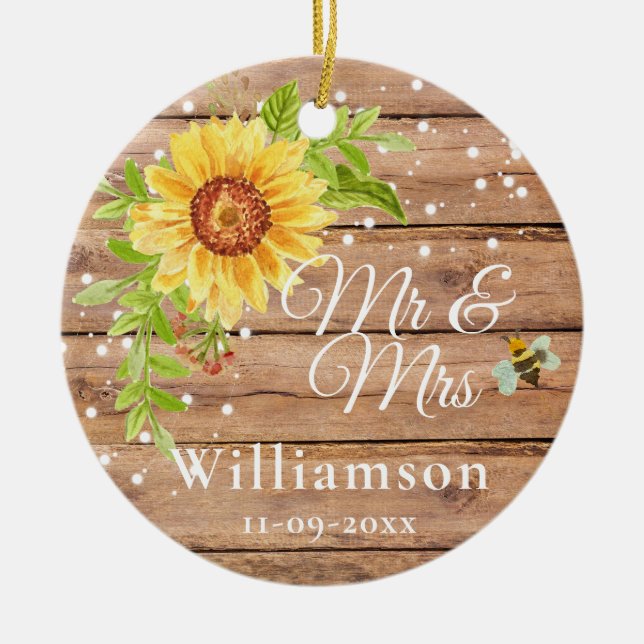 Rustic Yellow Sunflower Wedding Ceramic Ornament (Front)