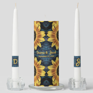 Rustic Yellow Sunflower Wedding Denim Blue Jeans Unity Candle Set