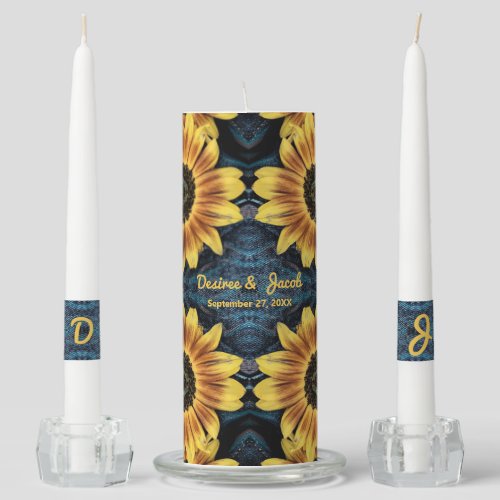 Rustic Yellow Sunflower Wedding Denim Blue Jeans Unity Candle Set