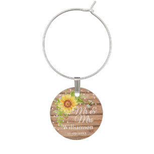 Rustic Yellow Sunflower Wedding Mr & Mrs Wine Charm