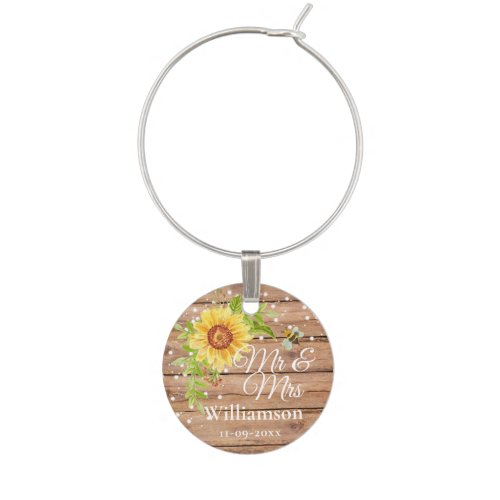 Rustic Yellow Sunflower Wedding Mr  Mrs Wine Charm