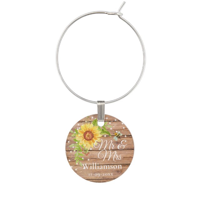Rustic Yellow Sunflower Wedding Mr & Mrs Wine Charm (Front)