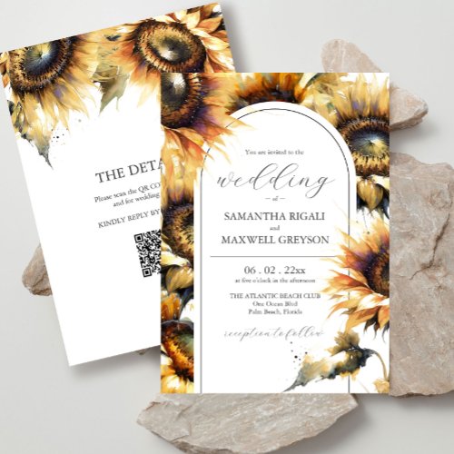 Rustic Yellow Sunflower Wedding QR code Details Invitation
