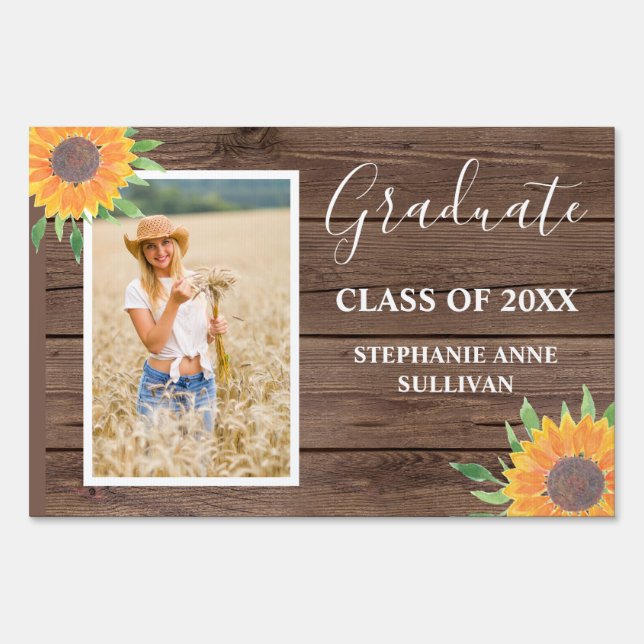 Rustic Yellow Sunflower Wood Graduation Yard Sign (Front)