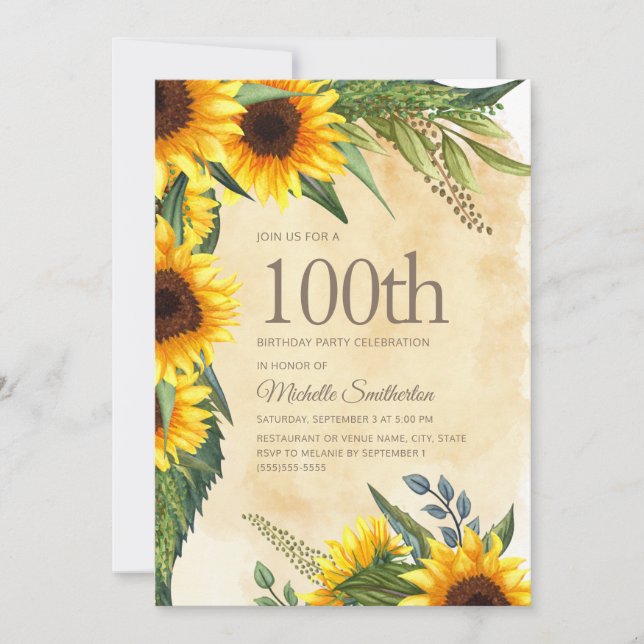 Rustic Yellow Sunflowers 100th Birthday Invitation (Front)