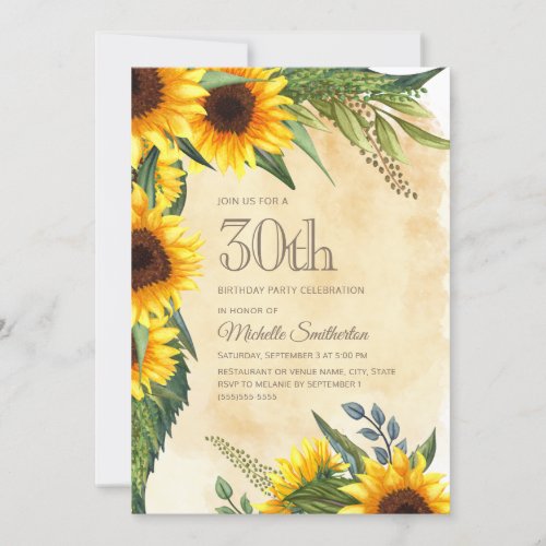 Rustic Yellow Sunflowers 30th Birthday Invitation