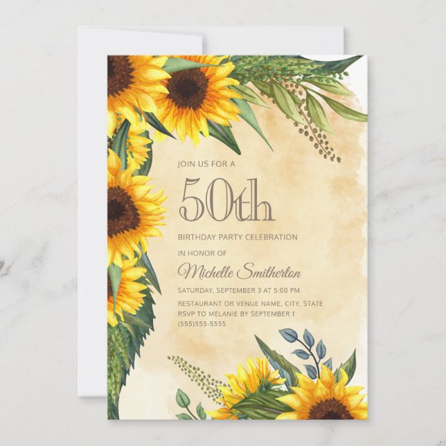 Rustic Yellow Sunflowers 50th Birthday Invitation (Front)