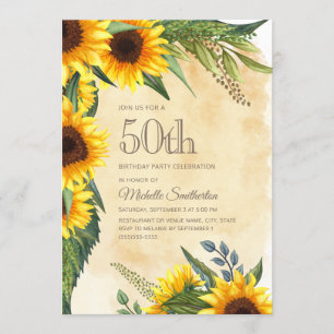 Rustic Yellow Sunflowers 50th Birthday Invitation