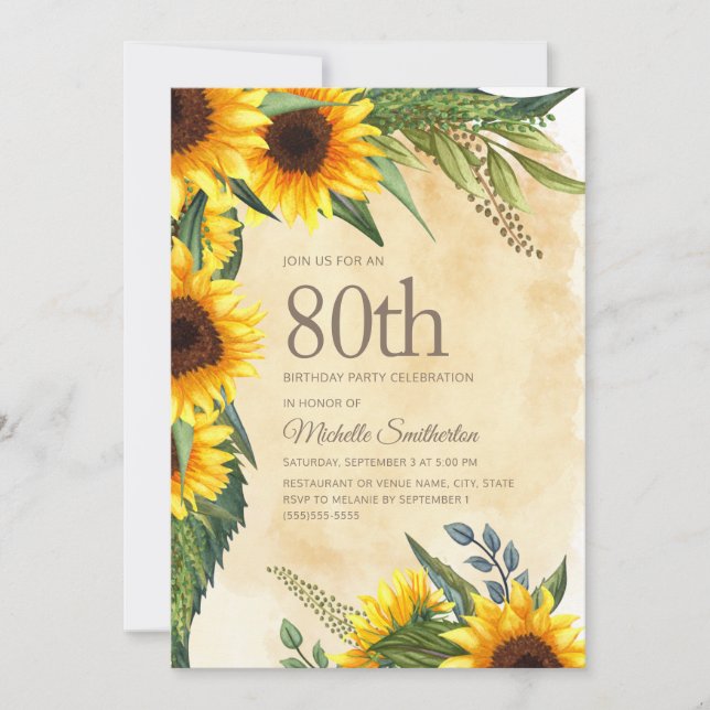 Rustic Yellow Sunflowers 80th Birthday Invitation (Front)
