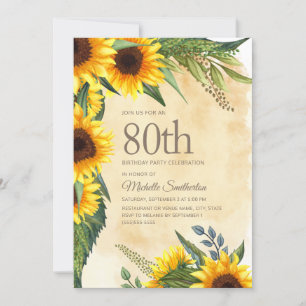 Rustic Yellow Sunflowers 80th Birthday Invitation