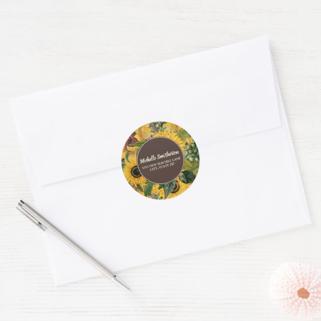 Rustic Yellow Sunflowers Address Classic Round Sticker (Envelope)