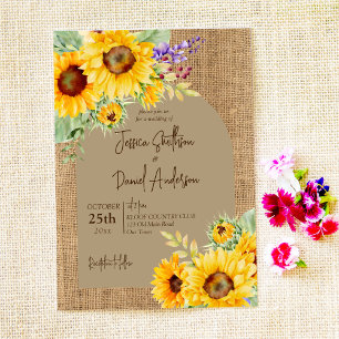 Rustic yellow sunflowers arch burlap background invitation