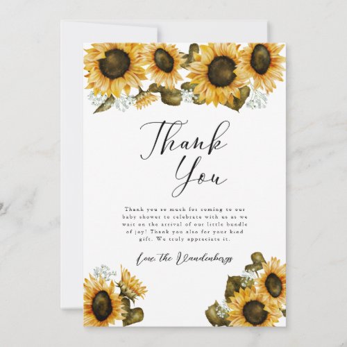 Rustic Yellow Sunflowers Baby Shower Thank You Card