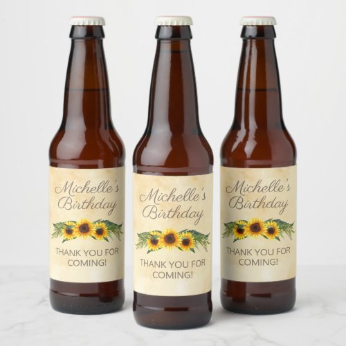 Rustic Yellow Sunflowers Birthday Thank You Beer Bottle Label