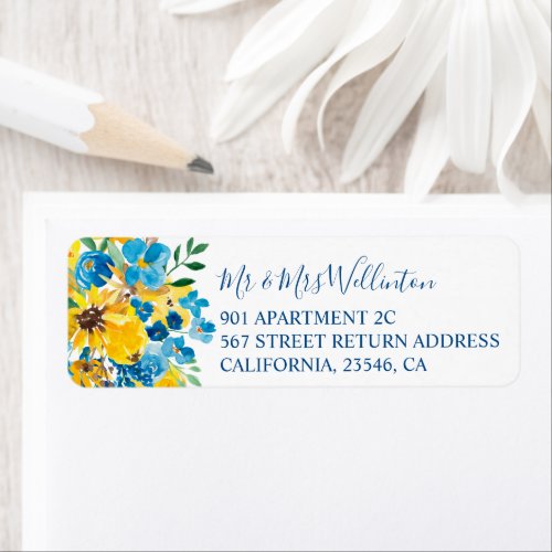 Rustic yellow sunflowers blue floral chic wedding label