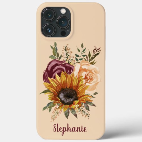 Rustic Yellow Sunflowers Burgundy Pink Floral Name iPhone 13 Pro Max Case
