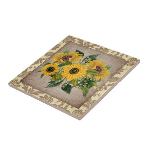 Rustic Yellow Sunflowers Burlap Vintage Damask Ceramic Tile