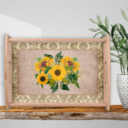 Rustic Yellow Sunflowers Burlap Vintage Damask    Serving Tray