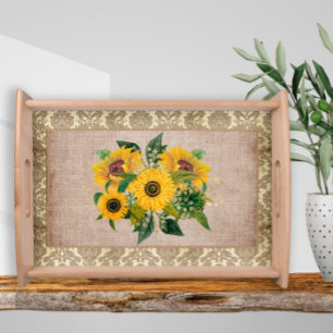 Rustic Yellow Sunflowers Burlap Vintage Damask Serving Tray