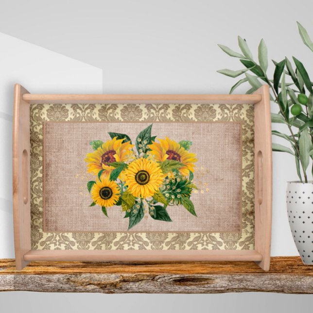 Rustic Yellow Sunflowers Burlap Vintage Damask    Serving Tray (Creator Uploaded)