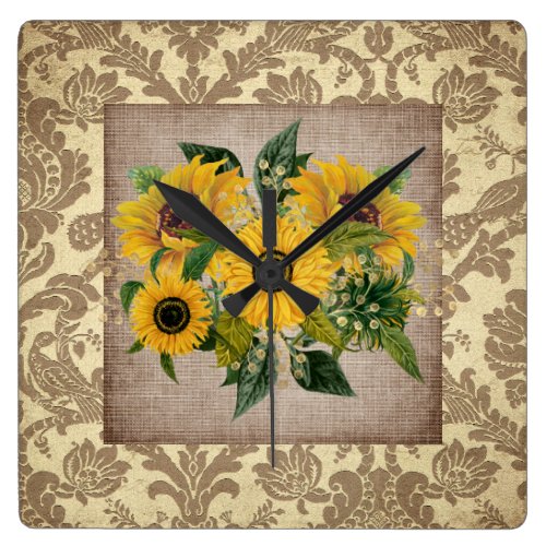 Rustic Yellow Sunflowers Burlap Vintage Damask Square Wall Clock