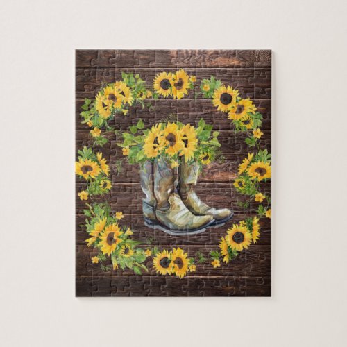 Rustic Yellow Sunflowers Cowboy Boots Country Jigsaw Puzzle