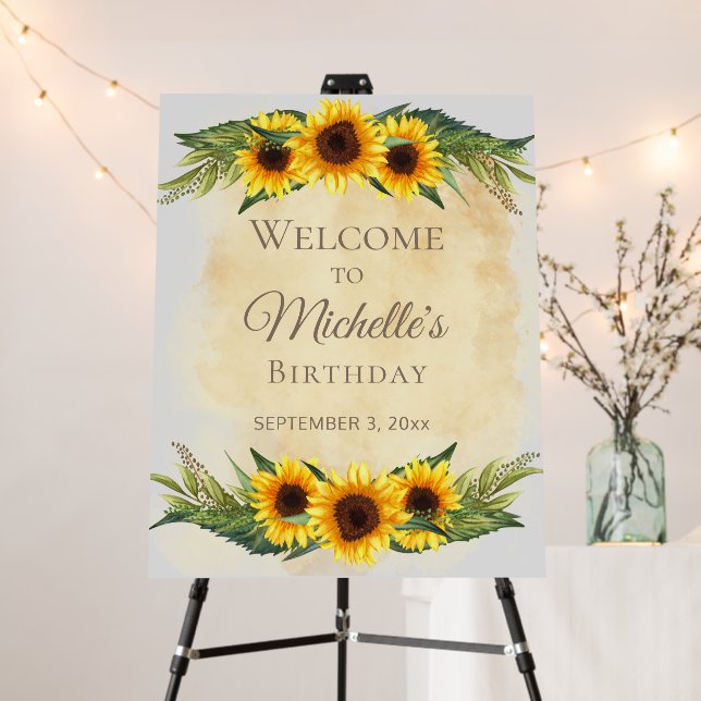 Rustic Yellow Sunflowers Custom Birthday Welcome Foam Board (In Situ (Stand))