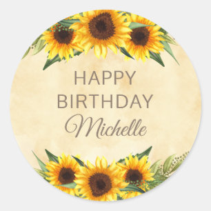 Rustic Yellow Sunflowers Custom Happy Birthday Classic Round Sticker