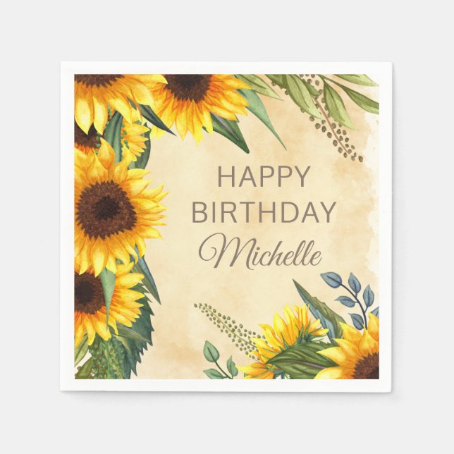 Rustic Yellow Sunflowers Custom Happy Birthday Napkins (Front)