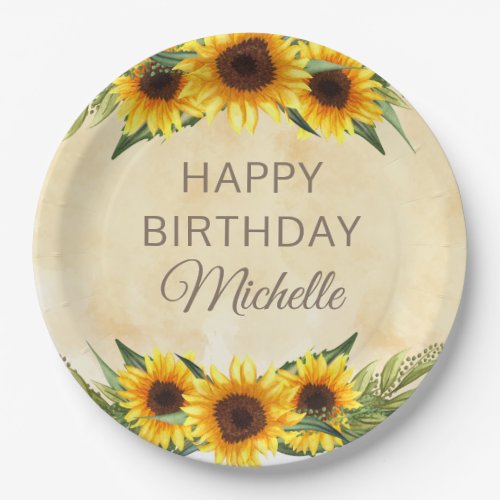 Rustic Yellow Sunflowers Custom Happy Birthday Paper Plates