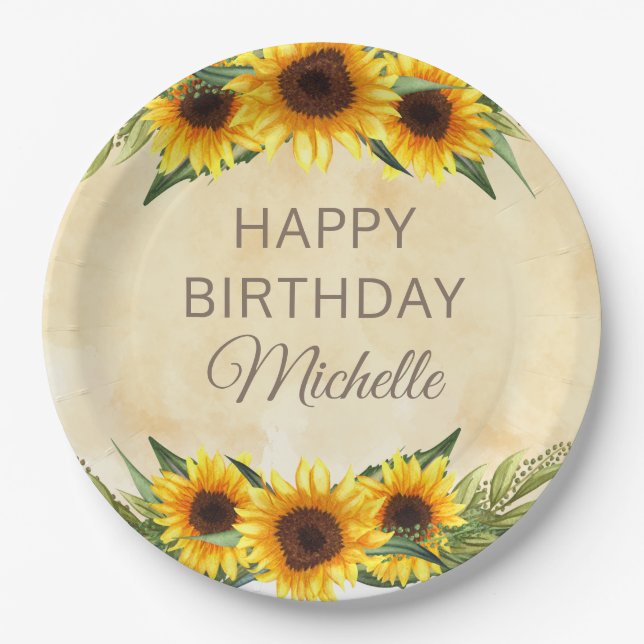 Rustic Yellow Sunflowers Custom Happy Birthday Paper Plates (Front)