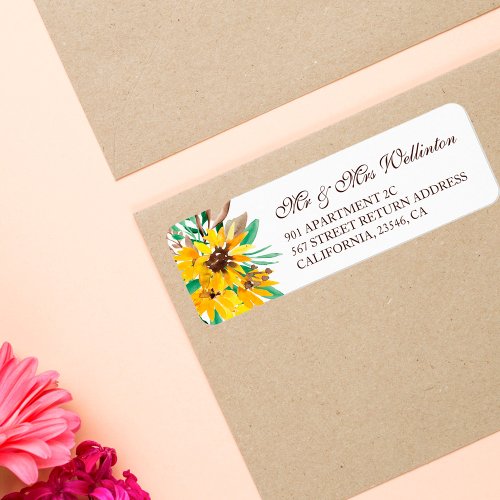 Rustic yellow sunflowers green floral chic wedding label