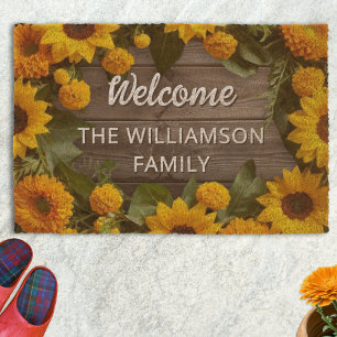 Rustic Yellow Sunflowers Marigolds Floral Welcome Fiber Doormat