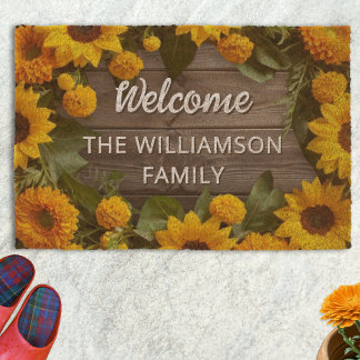 Rustic Yellow Sunflowers Marigolds Floral Welcome Fiber Doormat