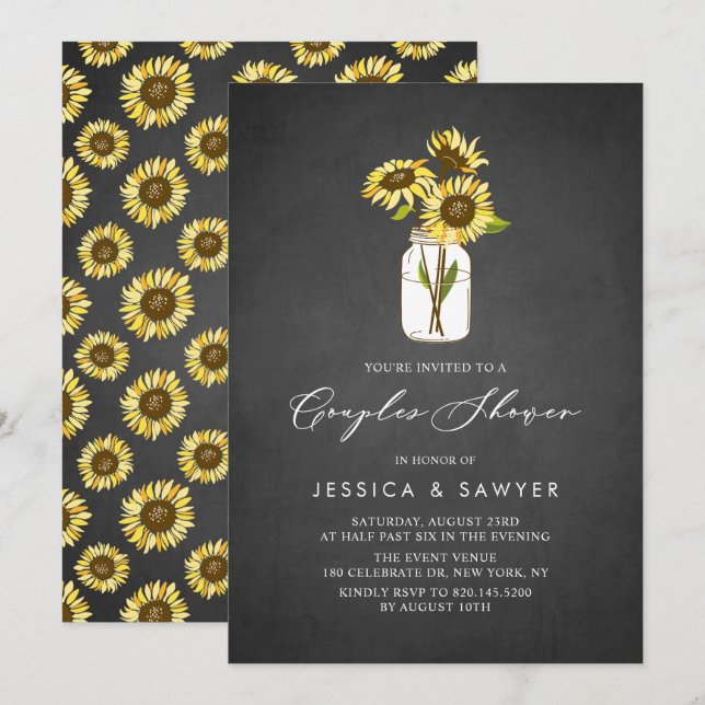 Rustic Yellow Sunflowers Mason Jar Couples Shower Invitation (Front/Back)